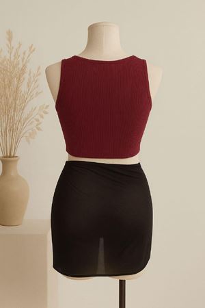 Kadın Bordo Yuvarlak Yaka Crop ve Siyah Pareo 2'li Set