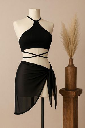 Kadın Siyah Çapraz Bağlamalı Crop ve Pareo 2'li Set