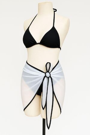 Kadın Siyah Beyaz Pareolu Yandan ve Boyundan Bağlamalı 3'lü Bikini Takımı