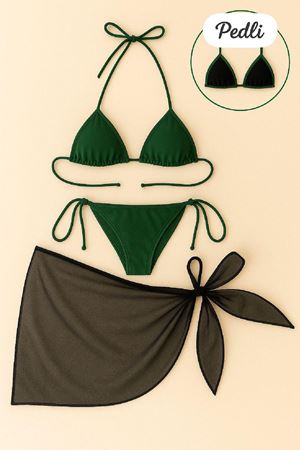 Kadın Yeşil Siyah Pareolu Yandan ve Boyundan Bağlamalı 3'lü Bikini Takımı