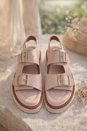 Çift Tokalı Kadın Sandalet Bej Cilt