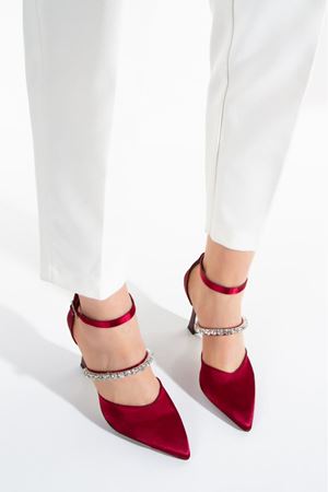 Rodi Üstten Taşlı BORDO Saten Malzeme Topuklu Kadin Ayakkabı