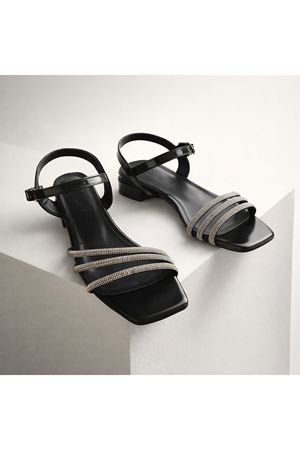 Goze Kadın Taşlı  Şeritli Arkası Açık Siyah Topuklu Ayakkabı