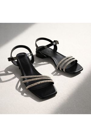 Goze Kadın Taşlı  Şeritli Arkası Açık Siyah Topuklu Ayakkabı