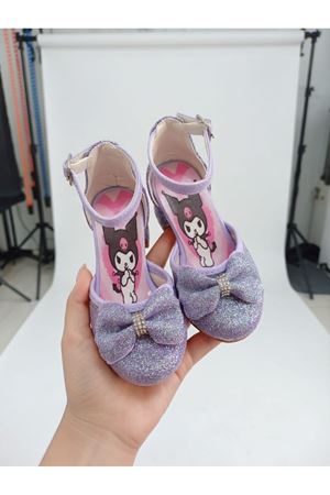 Prenses Kız Çocuk Kromi Baskılı Topuklu Ayakkabı, Simli,Fiyonklu,Abiye Ayakkabı
