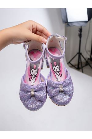 Prenses Kız Çocuk Kromi Baskılı Topuklu Ayakkabı, Simli,Fiyonklu,Abiye Ayakkabı