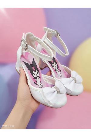 Prenses Kız Çocuk Kromi Baskılı Topuklu Ayakkabı, Simli,Fiyonklu,Abiye Ayakkabı