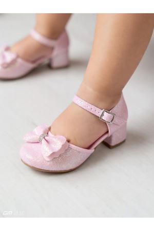 Prenses Kız Çocuk Kromi Baskılı Topuklu Ayakkabı, Simli,Fiyonklu,Abiye Ayakkabı