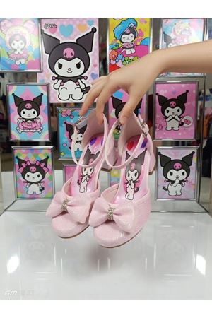 Prenses Kız Çocuk Kromi Baskılı Topuklu Ayakkabı, Simli,Fiyonklu,Abiye Ayakkabı