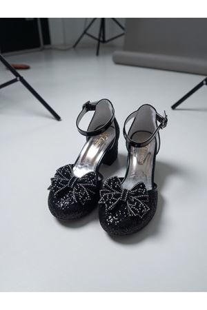 Siyah Cam Kırığı Kare Topuklu Abiye Ayakkabı