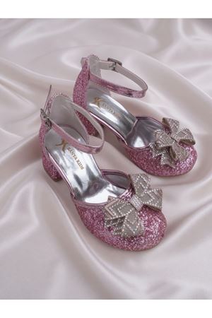 pembe  fiyonklu Cam Kırığı Kare Topuklu Abiye Ayakkabı