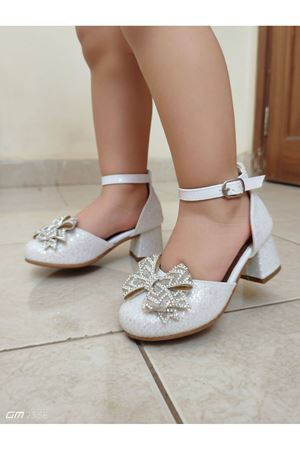  Gümüş Simli Fiyonklu Kız Çocuk Topuklu Ayakkabı