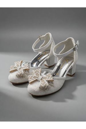  Gümüş Simli Fiyonklu Kız Çocuk Topuklu Ayakkabı