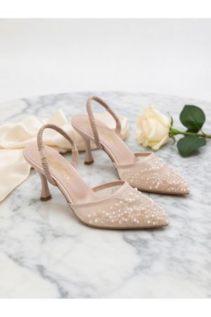 ZARİF İŞLEMELİ, Dantel ve İnci Detaylı Arka Lastikli Kadın Abiye Ayakkabı