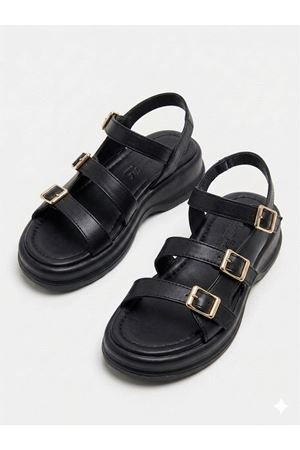 Kadın Kalın Taban Siyah  Sandalet 3 Tokalı Günlük Rahat Yazlık Ayakkabı