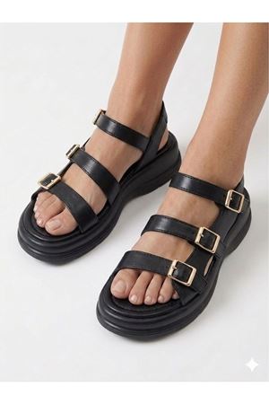 Kadın Kalın Taban Siyah  Sandalet 3 Tokalı Günlük Rahat Yazlık Ayakkabı