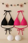 Kadın Siyah ve Fuşya Minimal Kesim Üçgen Bikini Üstü